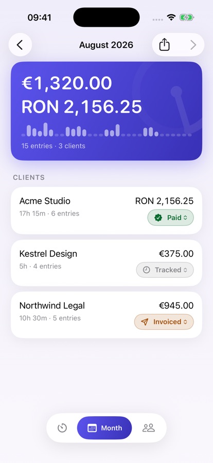 Month screen with totals per currency and each client's hours, amount and status