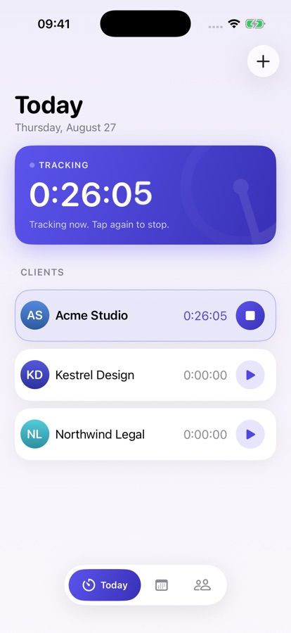 Today screen with a running timer for a client and the day's earnings